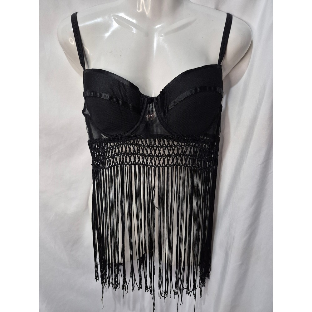 Fredericks of Hollywood Black Fringe Mesh Lingerie Top XL Beaded Underwire Bra
